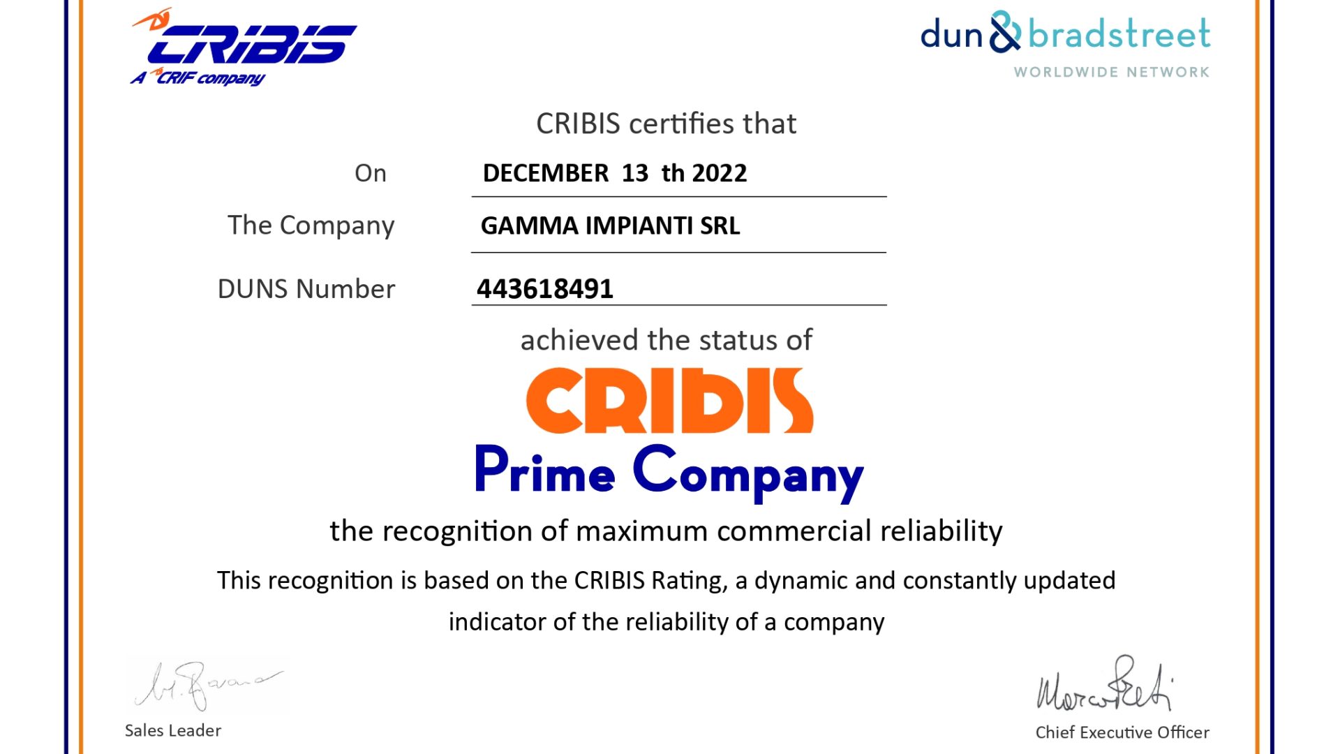 Gamma Impianti Srl receives recognition as CRIBIS prime company