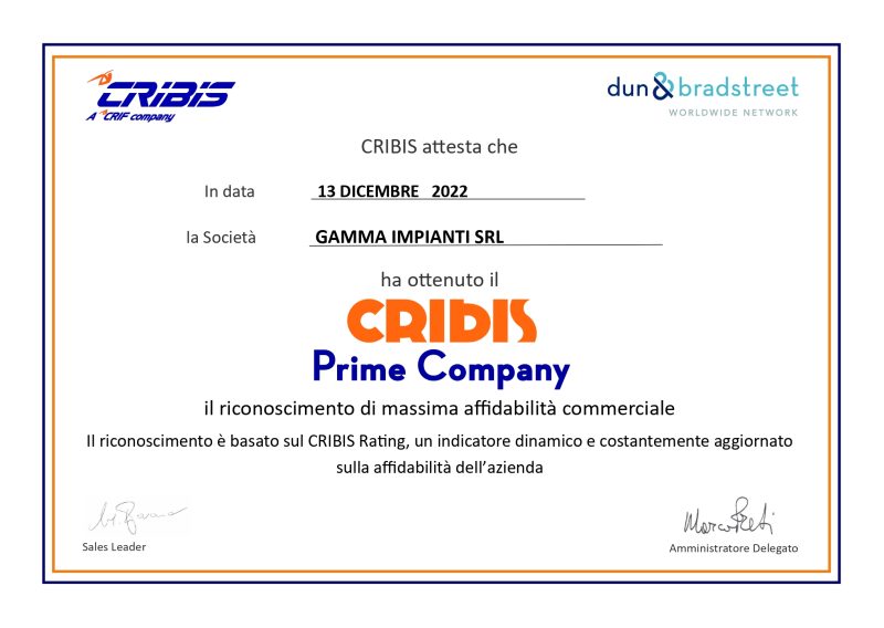 Gamma Impianti Srl riceve il riconoscimento CRIBIS Prime Company 2022