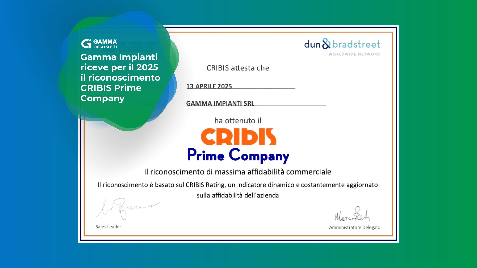 Gamma Impianti riceve per il 2025 il riconoscimento CRIBIS Prime Company